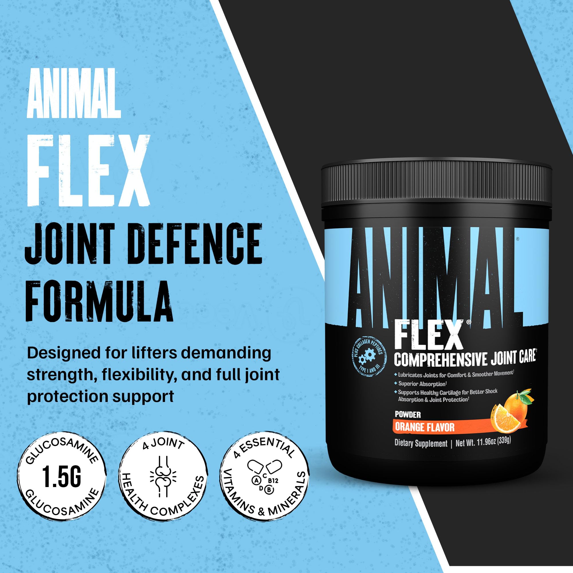 Close-up of scoop blending Animal Flex powder into liquid for easy daily use