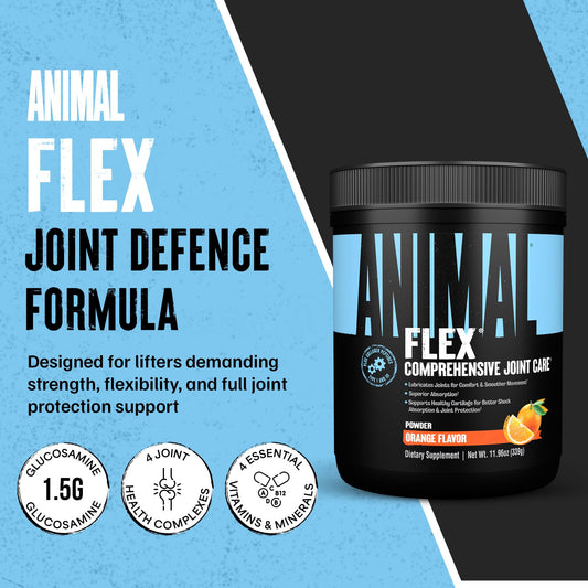 Close-up of scoop blending Animal Flex powder into liquid for easy daily use