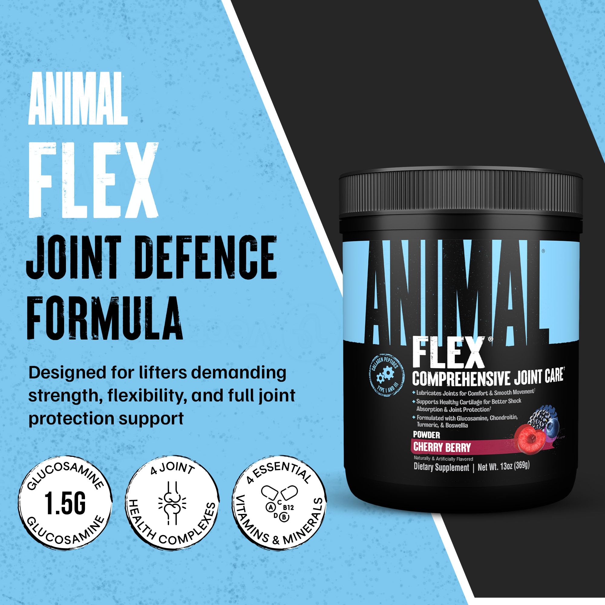 Close-up of Animal Flex tub label highlighting cherry flavor and ingredients.