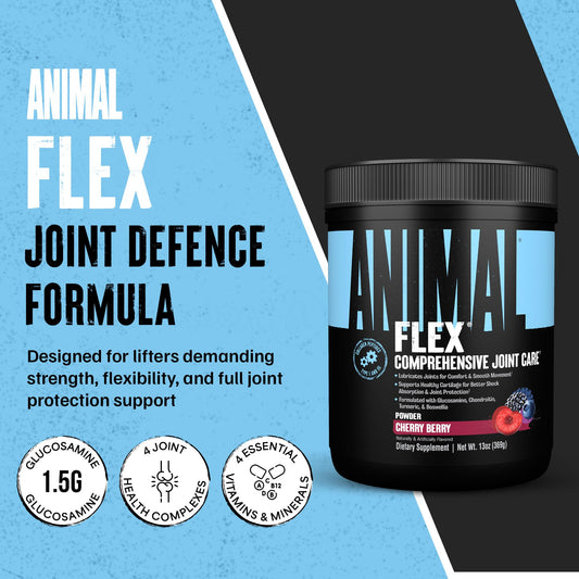 Close-up of Animal Flex tub label highlighting cherry flavor and ingredients.