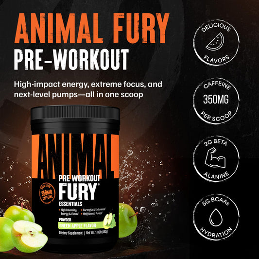 Animal Fury with 350mg caffeine provides quick energy for intense workouts
