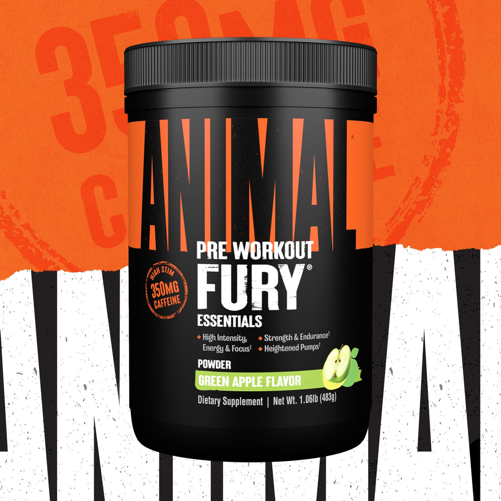 Animal Fury Green Apple tub top view—30-serving convenience for training.
