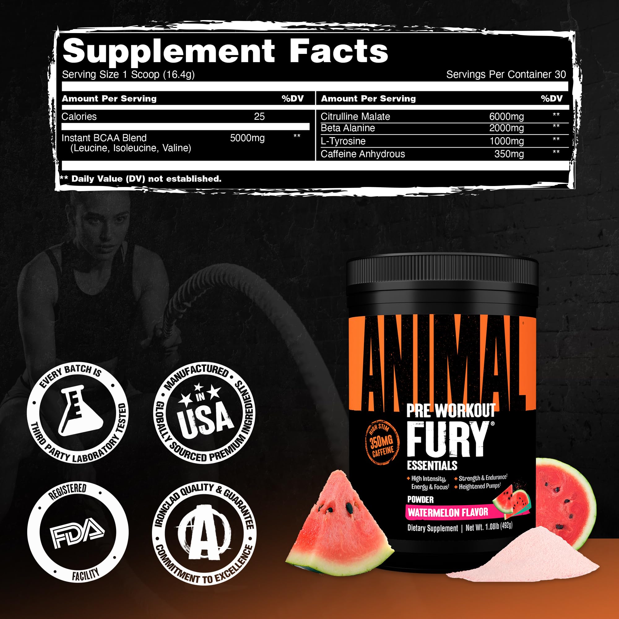 Animal Fury packaging and label close-up emphasizing GMP quality and third-party testing