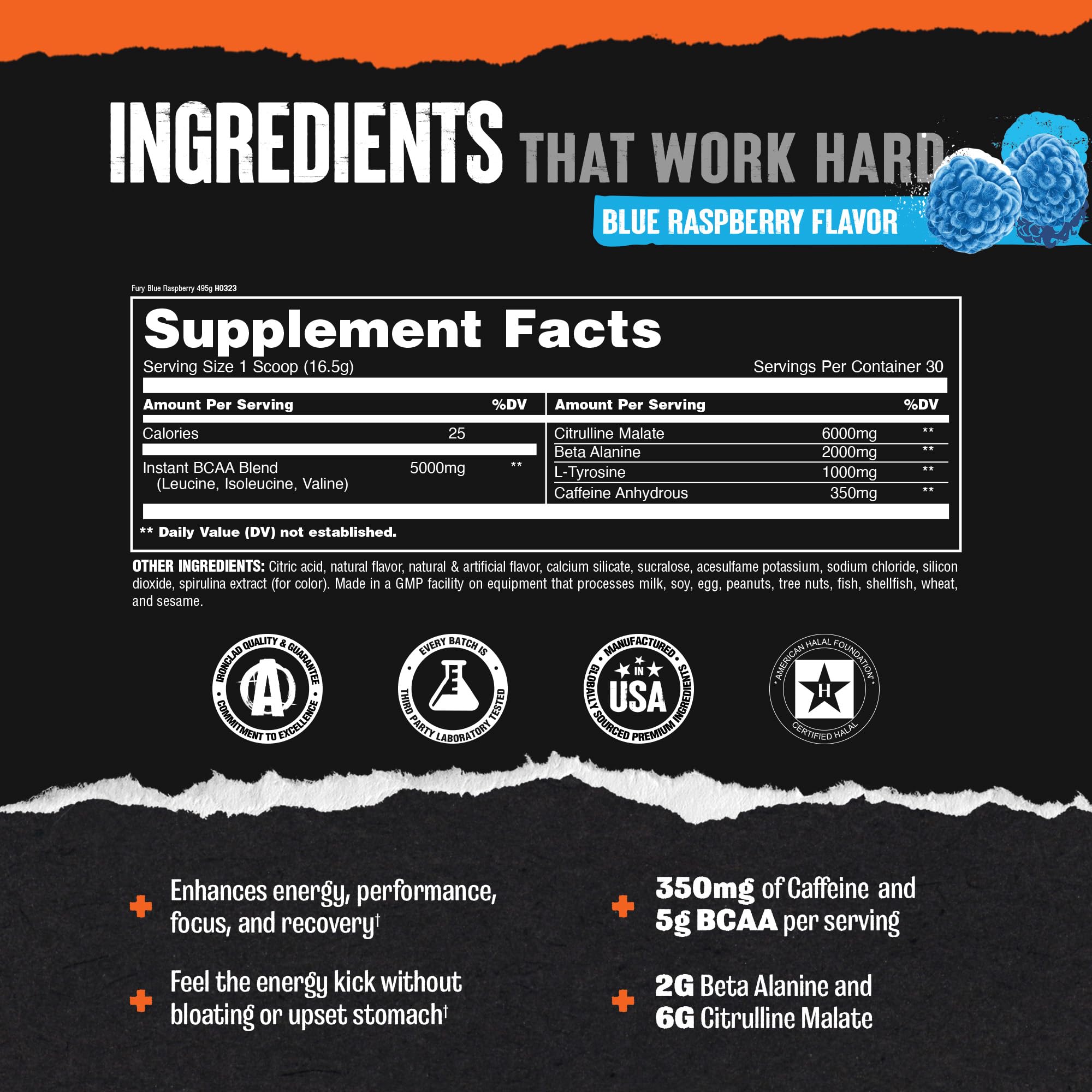 Animal Fury ingredients highlight BCAA and citrulline for endurance.