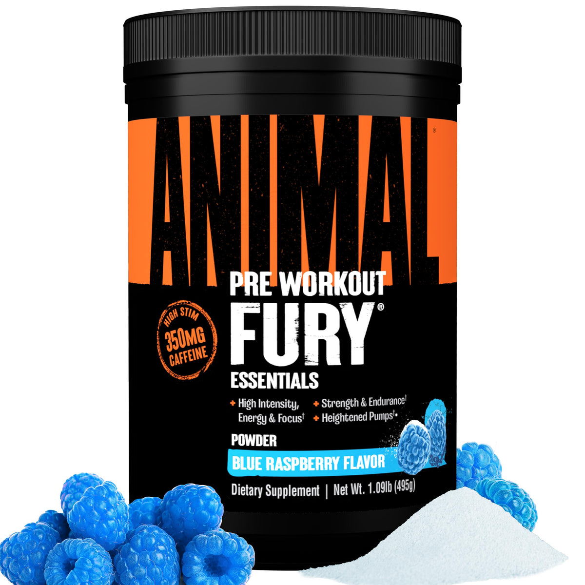 Animal Fury powder tub front showing energy-boosting pre-workout formula.