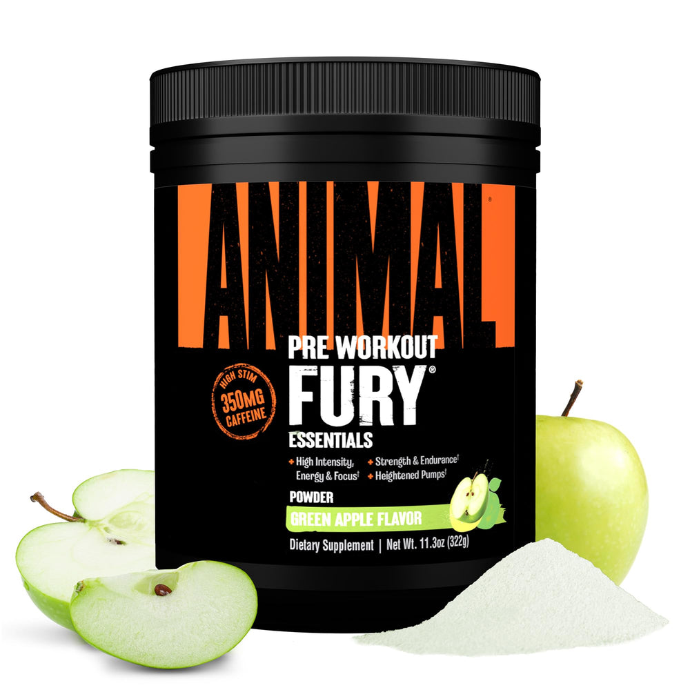 Animal Fury pre-workout green apple powder boosts energy for focused training sessions