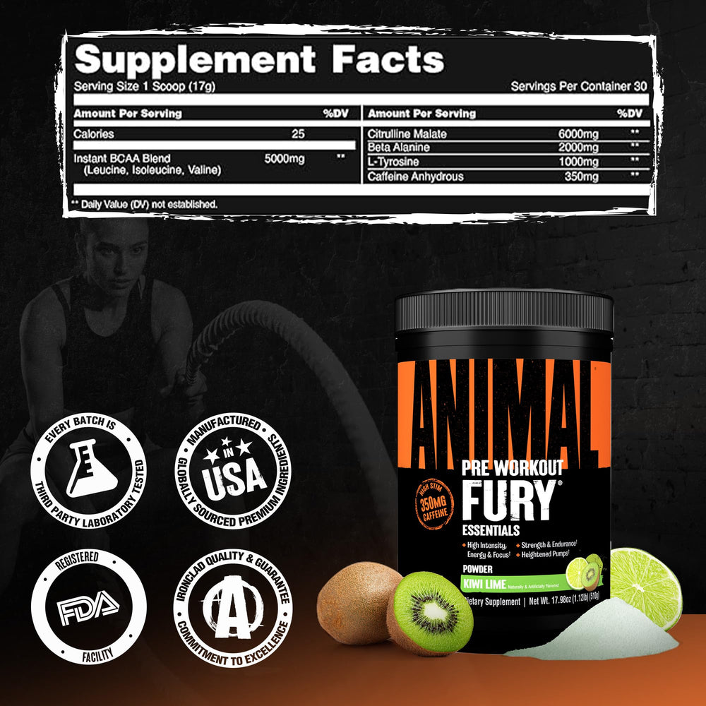 Animal Fury kiwi lime tub front underscores GMP quality and third party testing.