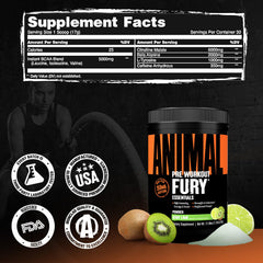 Animal Fury kiwi lime tub front underscores GMP quality and third party testing.