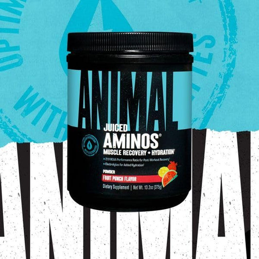 Animal Juiced Aminos label closeup highlighting BCAA and EAA blend for endurance.