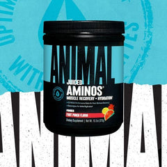 Animal Juiced Aminos label closeup highlighting BCAA and EAA blend for endurance.