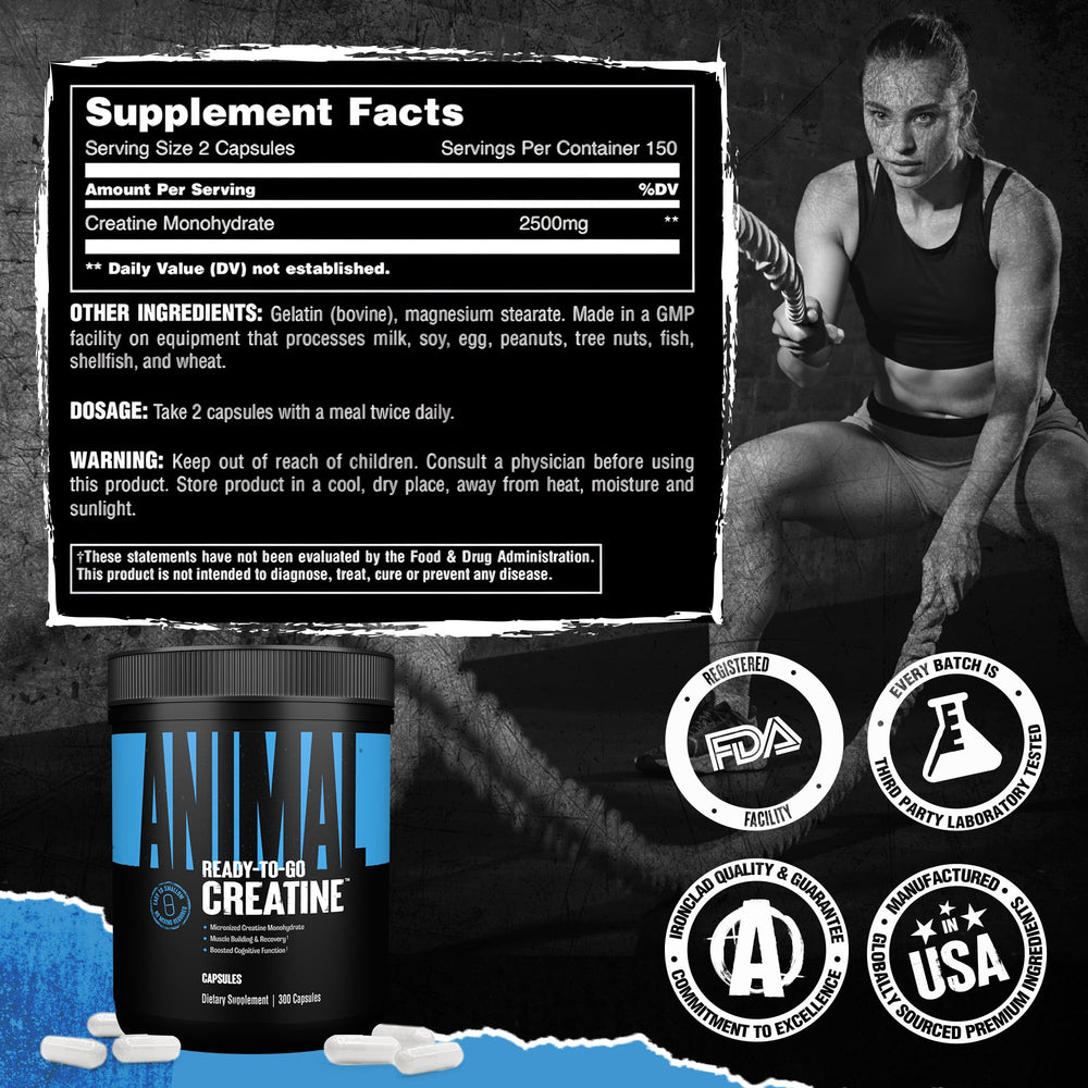 Product shot emphasizes strength, endurance, and recovery potential with Animal Creatine