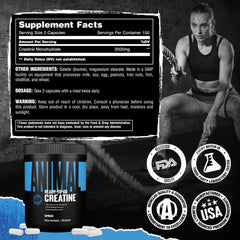 Product shot emphasizes strength, endurance, and recovery potential with Animal Creatine