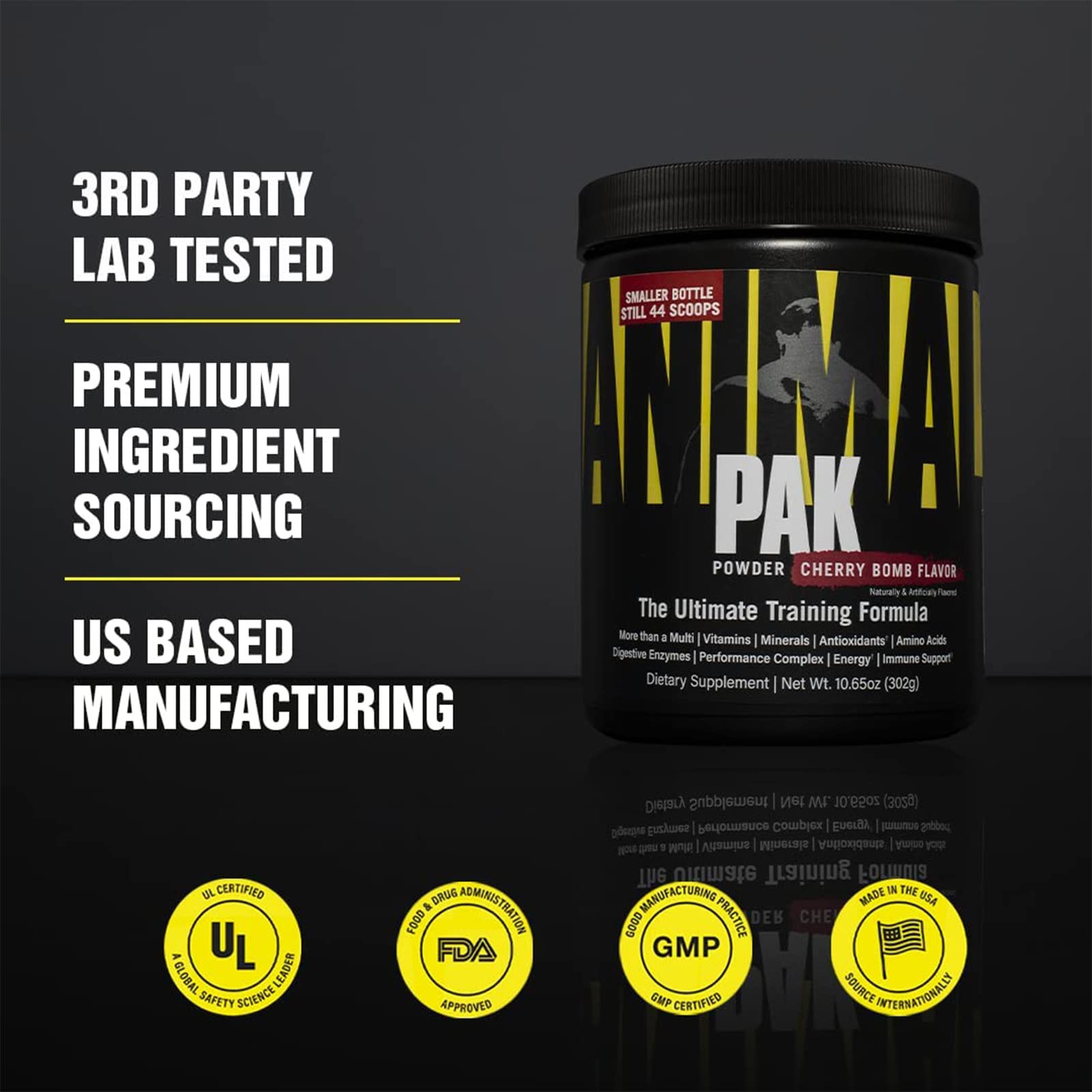 Animal Pak GMP-lab testing badge signals quality and safety.