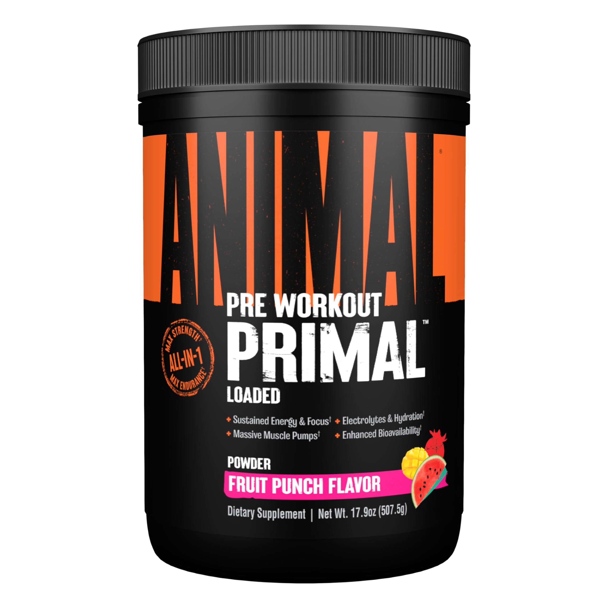 Animal Primal pre-workout tub showcasing its formula and branding for energy and focus.