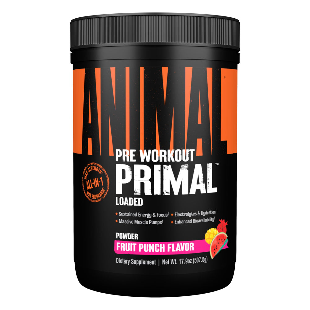 Animal Primal pre-workout tub showcasing its formula and branding for energy and focus.