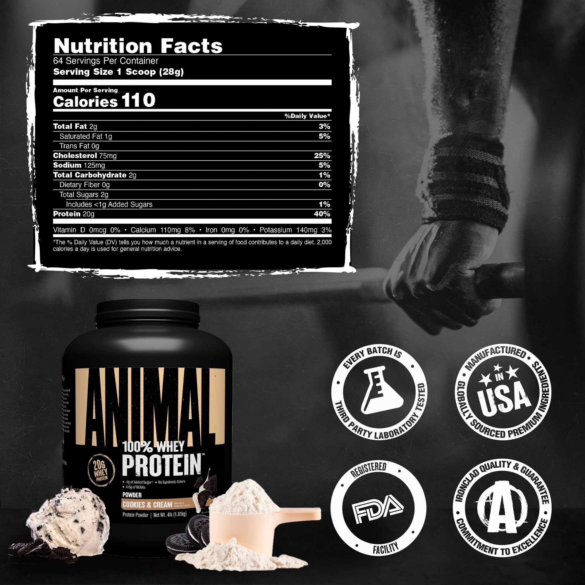 Animal protein shake beside gym gear for breakfast or between meals.