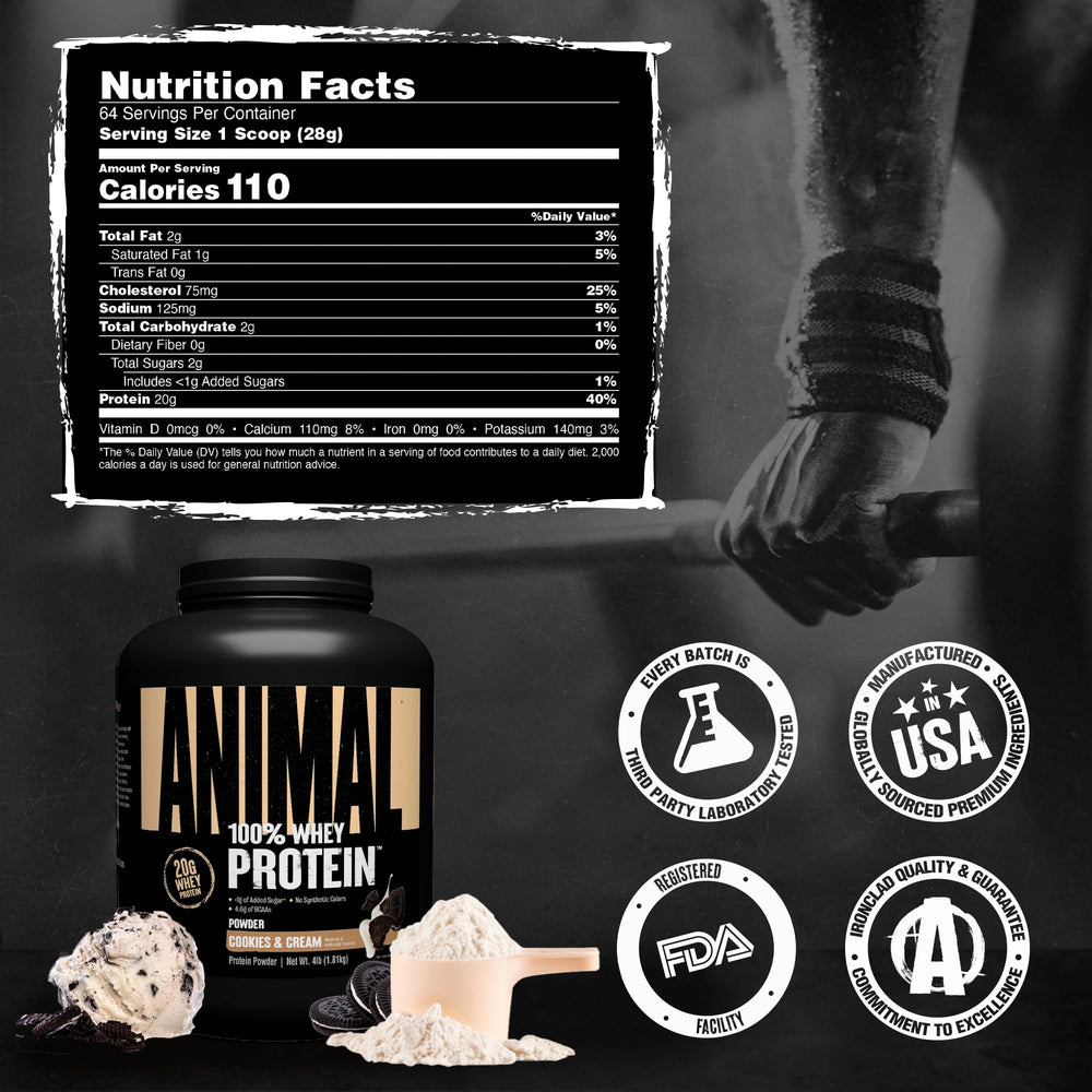 Animal protein shake beside gym gear for breakfast or between meals.