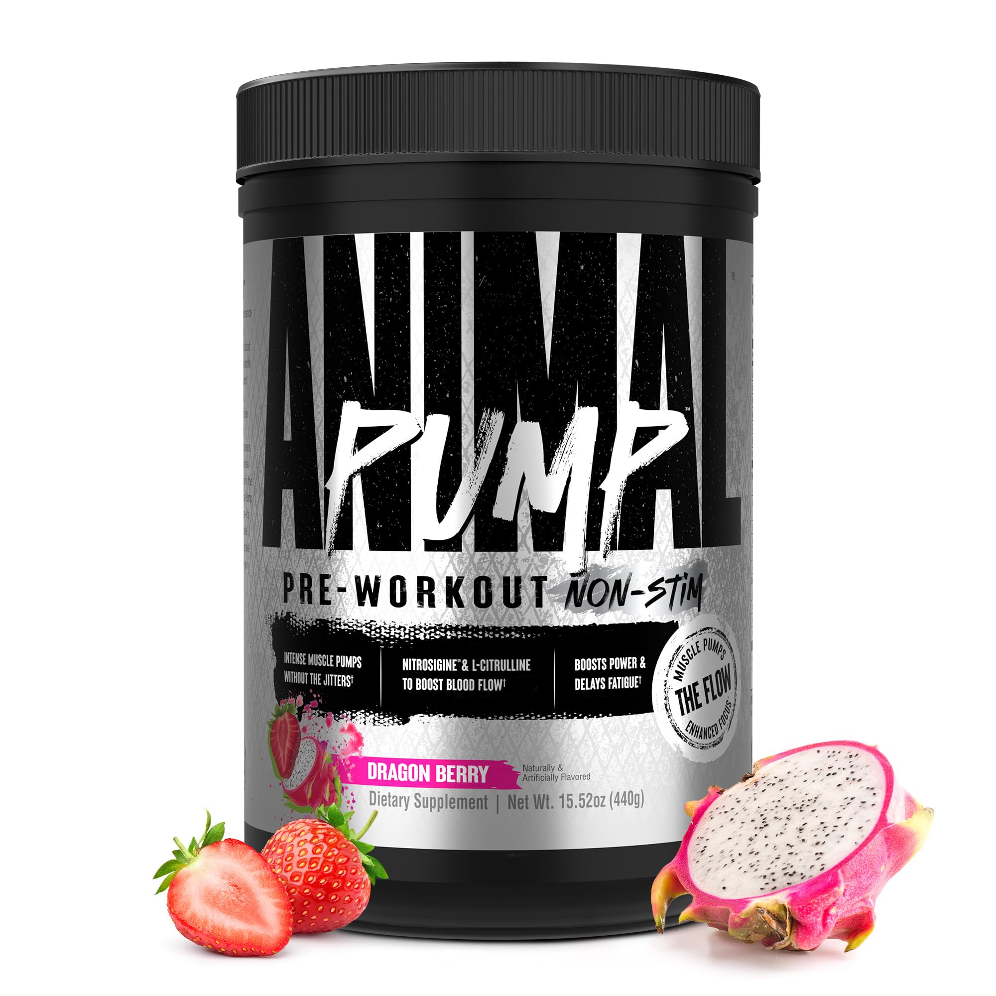 Animal Pump Non-Stim bottle showcases stimulant-free pre-workout for long-lasting pumps.