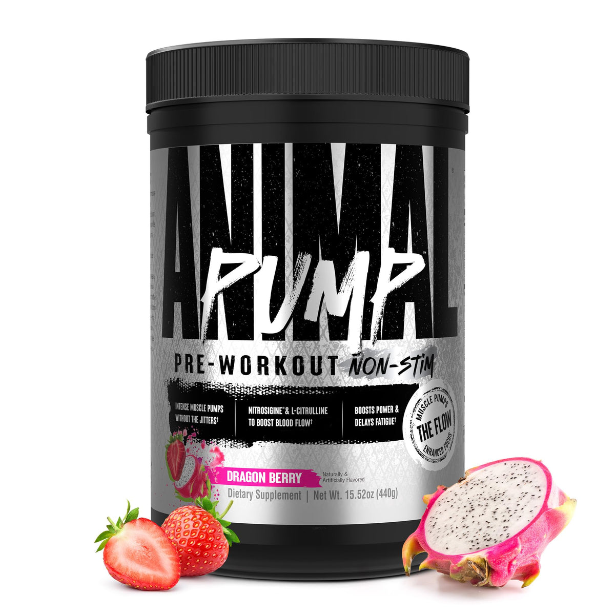 Animal Pump Non-Stim bottle showcases stimulant-free pre-workout for long-lasting pumps.