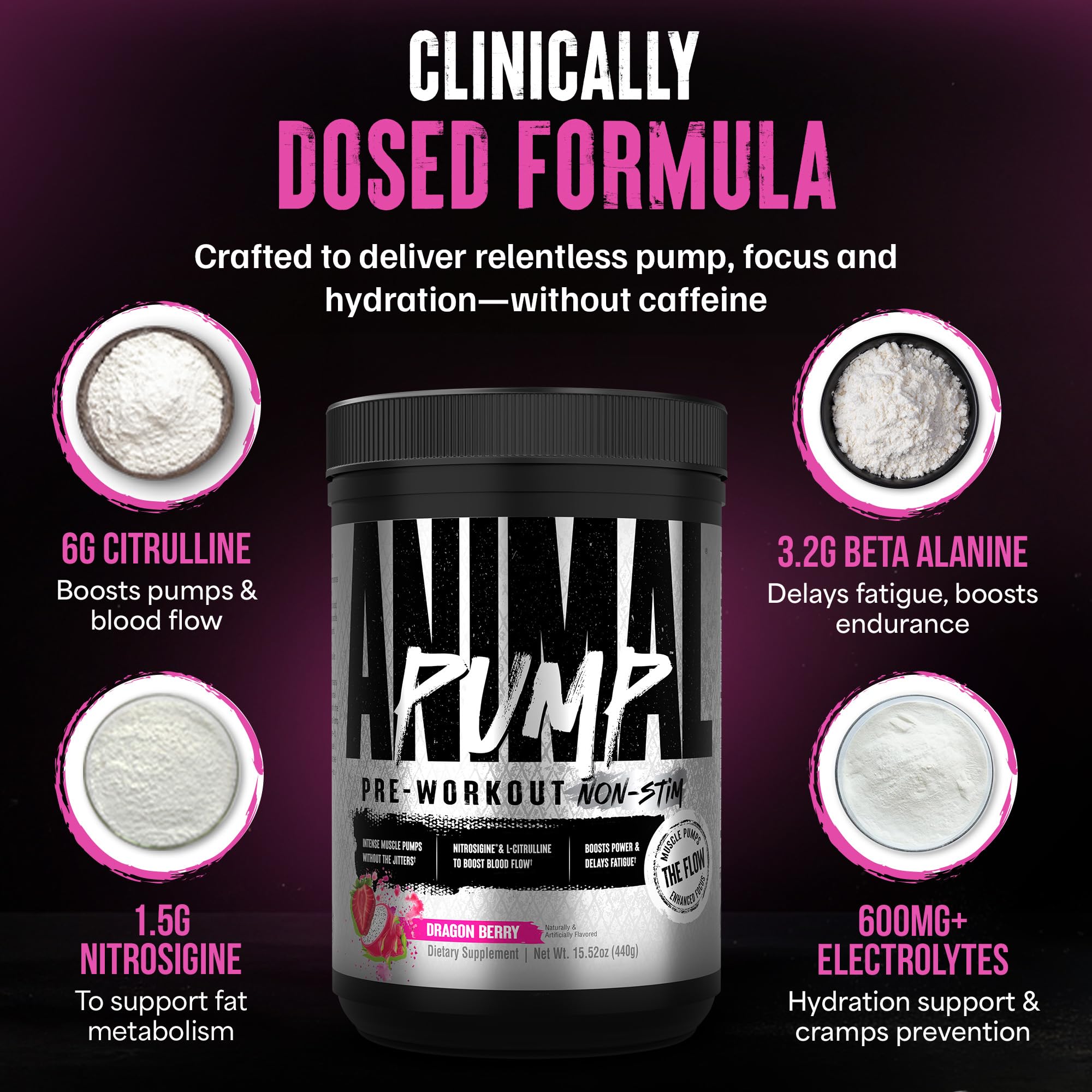 Animal Pump Non-Stim electrolyte panel emphasizes hydration during intense training.