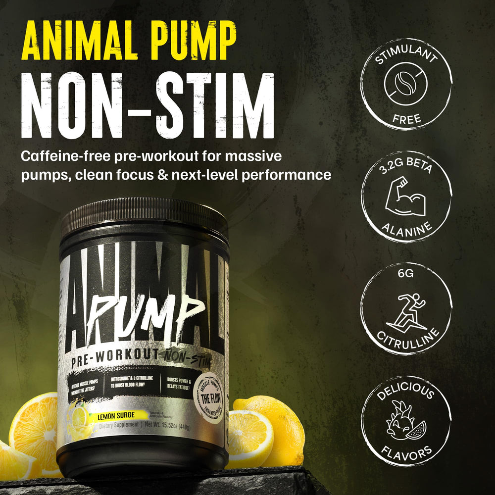 Animal Pump Non-Stim ingredient icons showing L-Citrulline and Nitrosigine for pumps