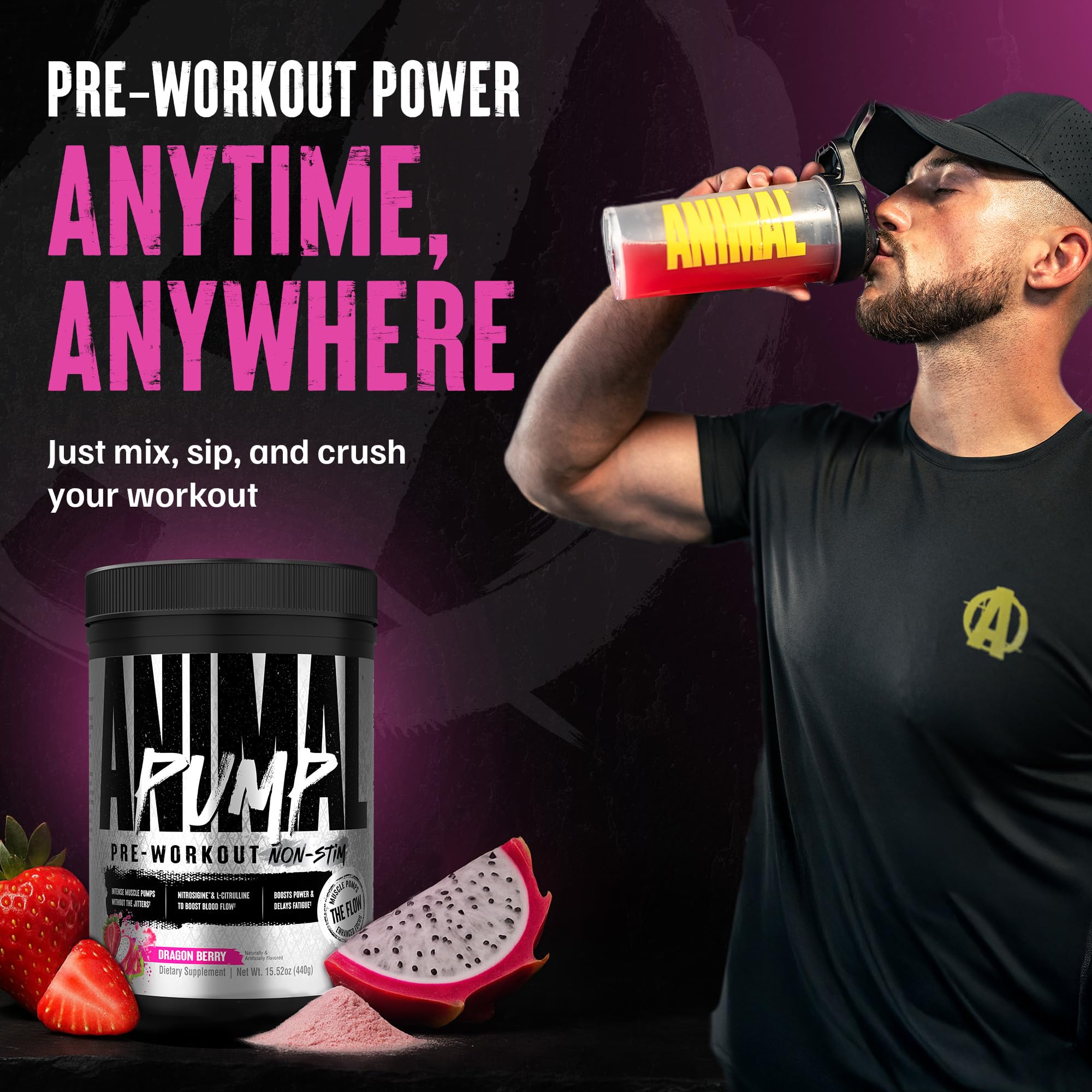 Animal Pump Non-Stim powder-mix demonstrates hydration friendly pre-workout preparation.