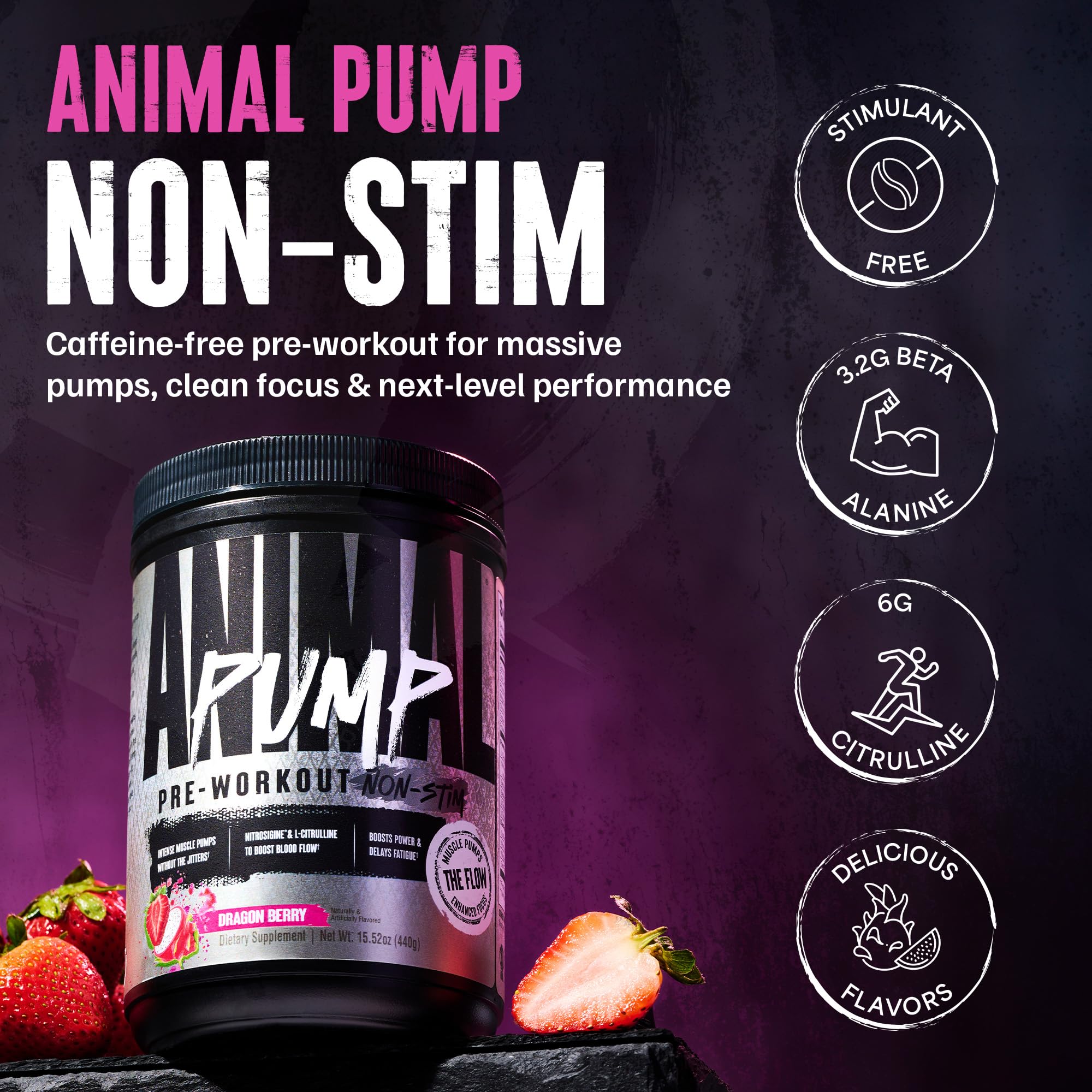 Animal Pump Non-Stim scoop highlights precise dosing for rapid pump onset.