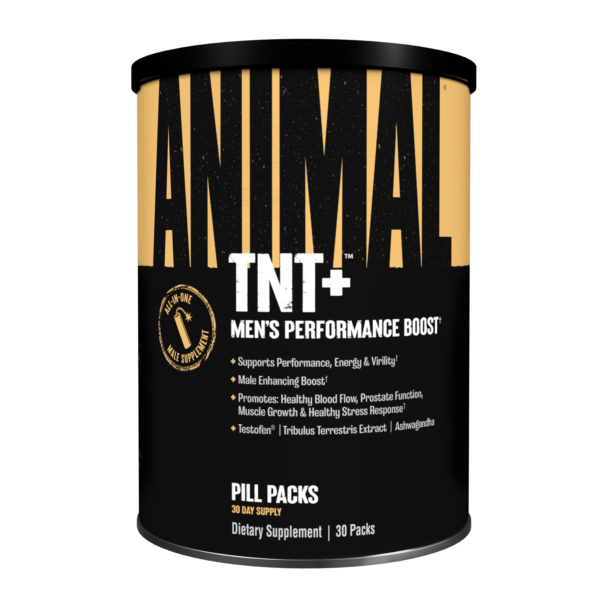 Animal TNT+ bottle front illustrating a nitric oxide booster for workouts and daily energy