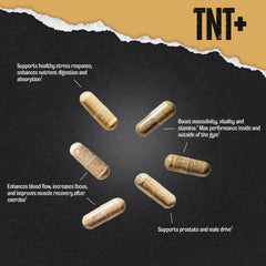 Animal TNT+ bottle label highlights fenugreek, tribulus and adaptogens for daily stamina