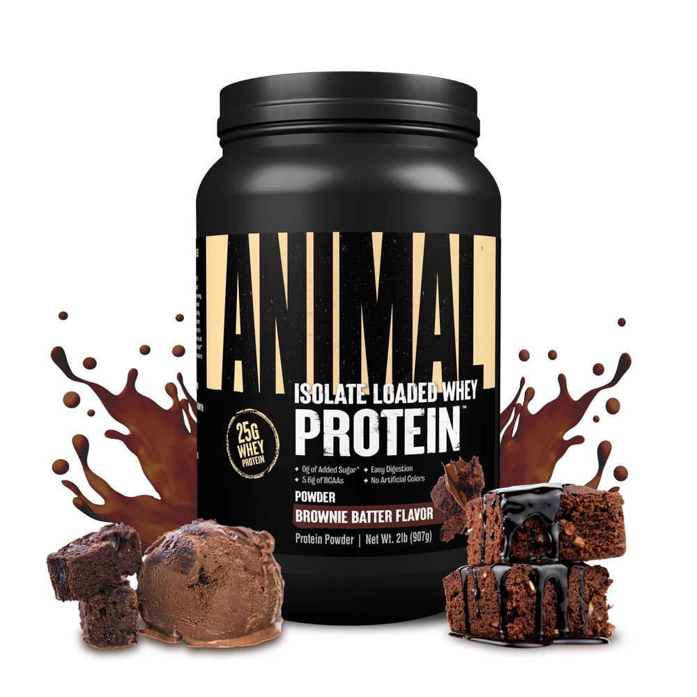 Animal Whey Isolate Brownie Batter bottle highlights premium packaging for post-workout protein.
