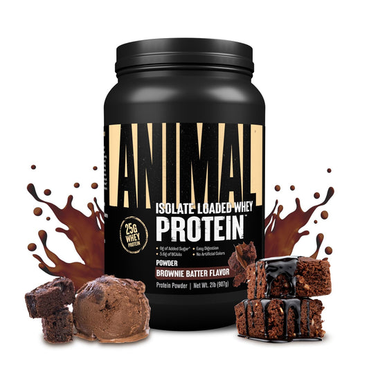 Animal Whey Isolate Brownie Batter bottle highlights premium packaging for post-workout protein.