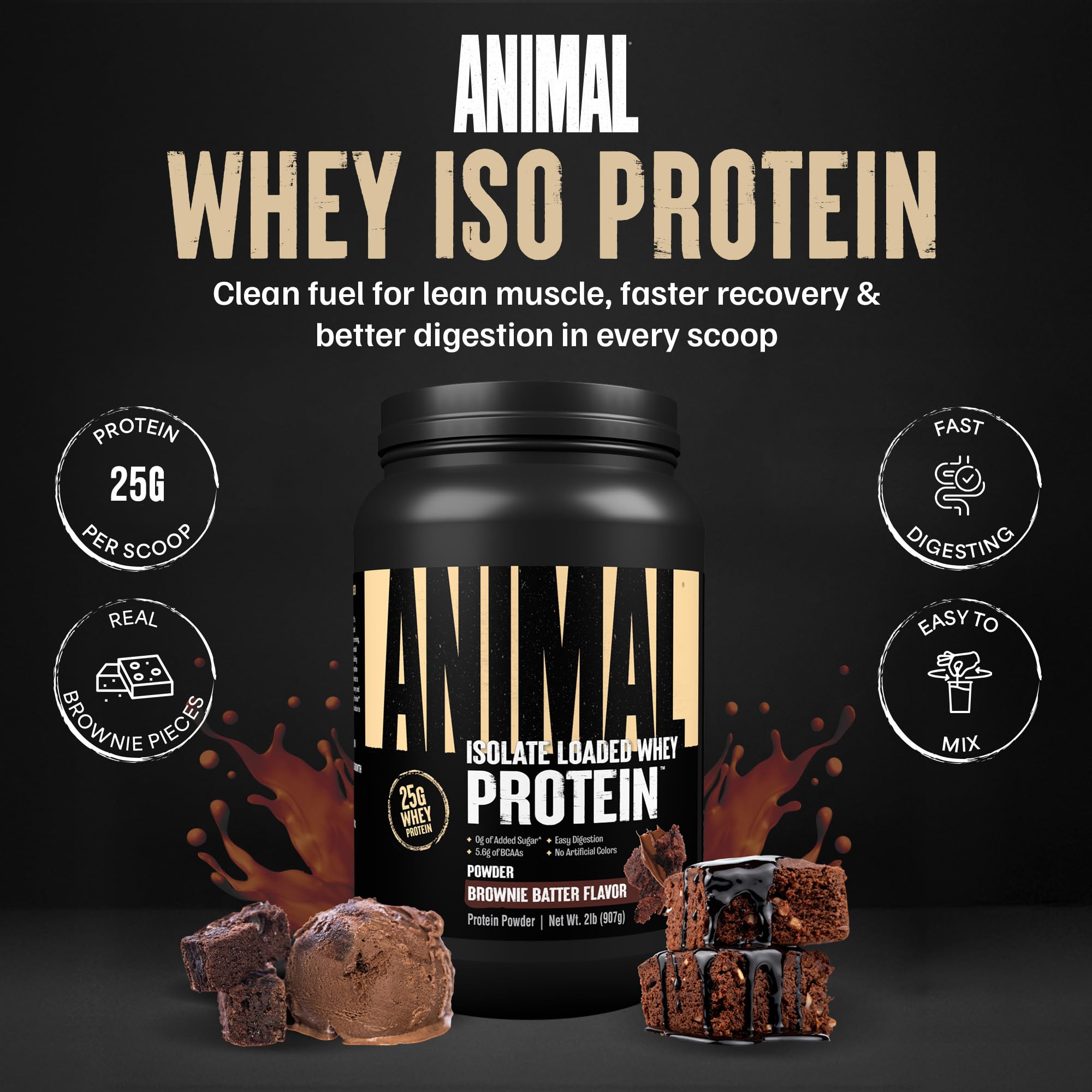 Animal Whey Isolate Brownie Batter scoop demonstrates easy mixing and high protein.
