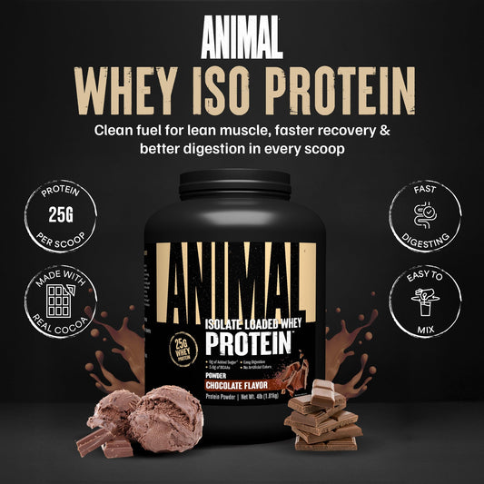 Animal Whey Isolate chocolate canister on shelf highlighting 4 lb supply