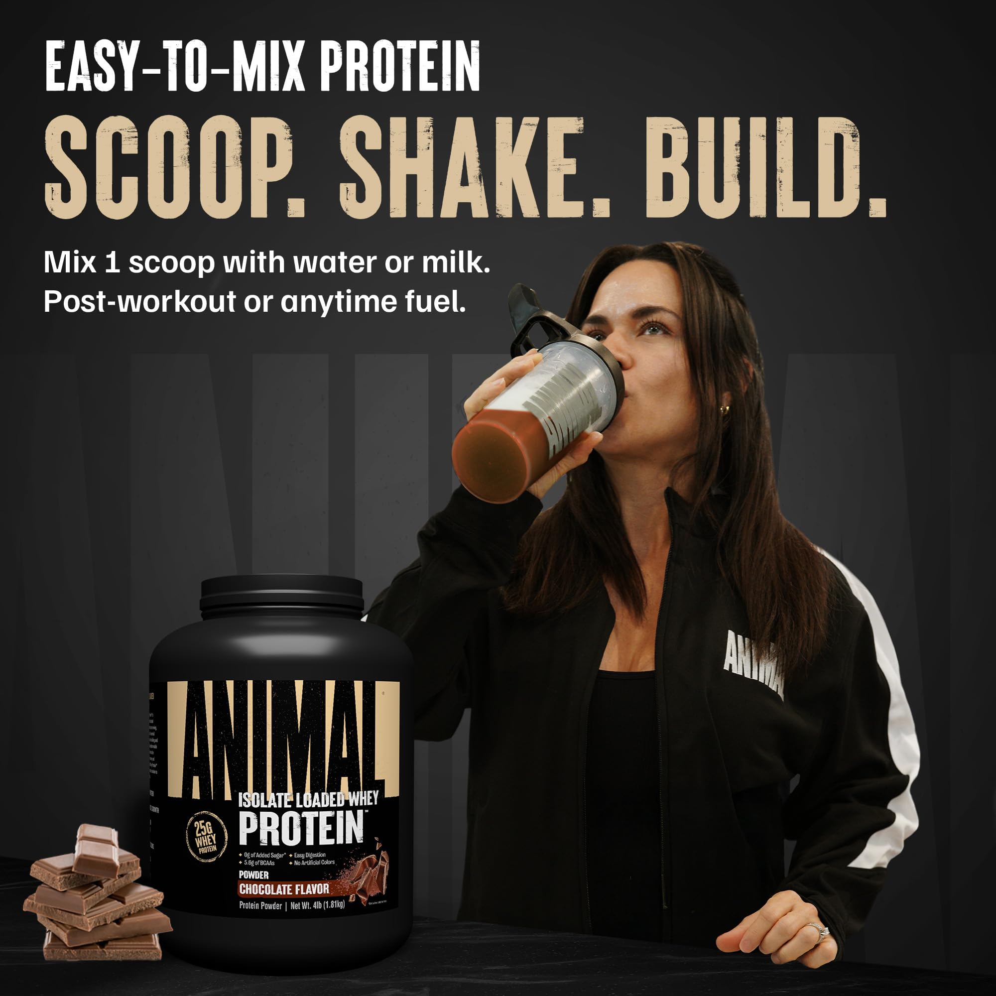 Pouring Animal Whey Isolate chocolate into a shaker for easy mixing