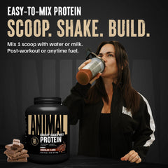 Pouring Animal Whey Isolate chocolate into a shaker for easy mixing