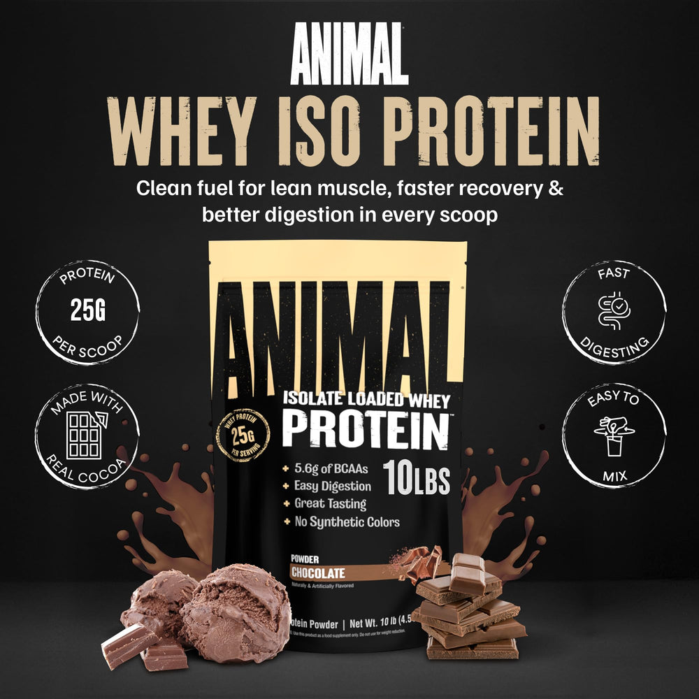 Animal Whey Isolate chocolate scoop showing easy portion control for daily use.