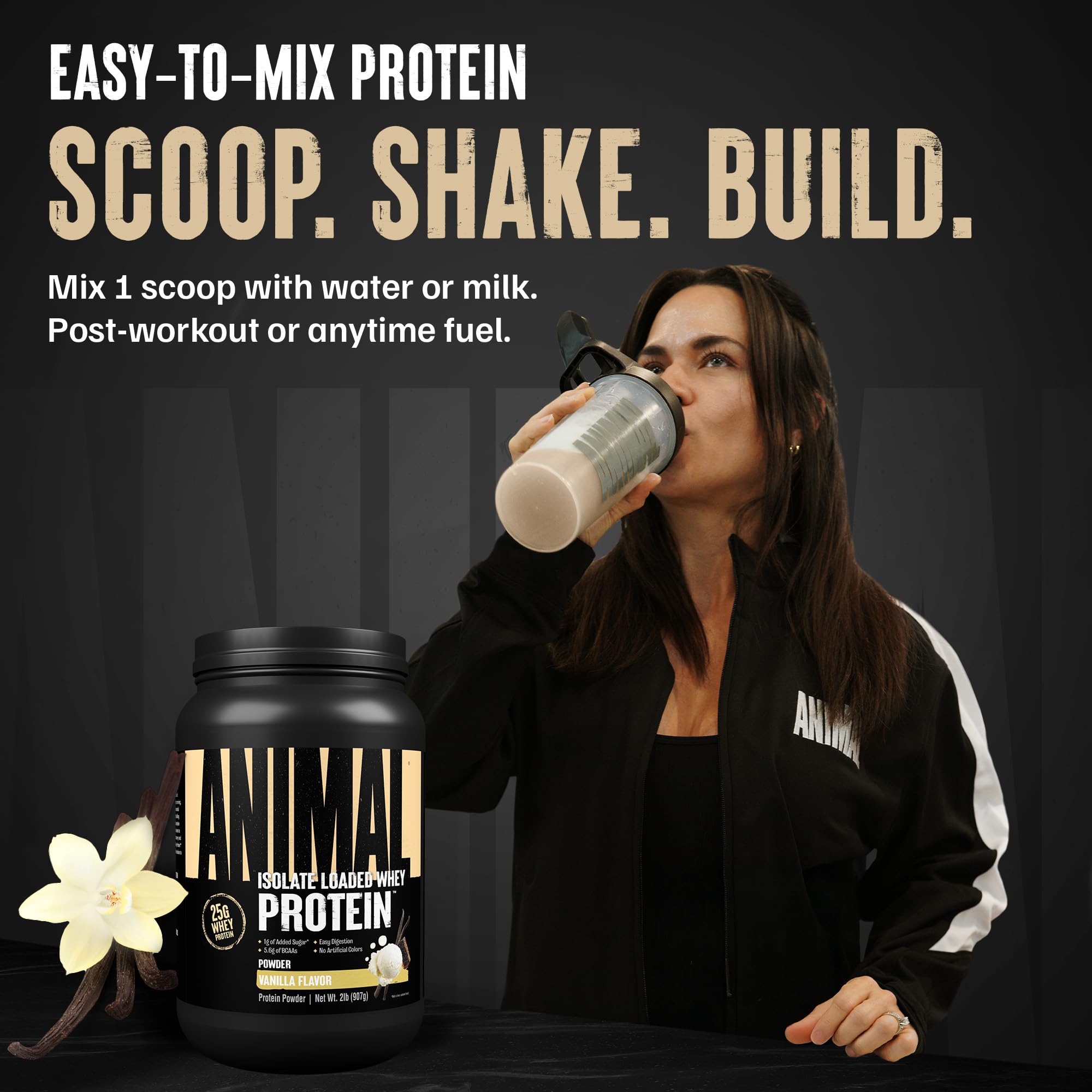 Animal Whey Isolate ingredients panel shows digestive enzymes included.