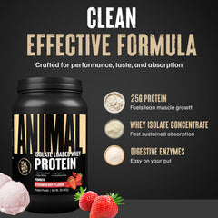 Animal Whey Isolate ingredients panel highlighting clean protein sources.