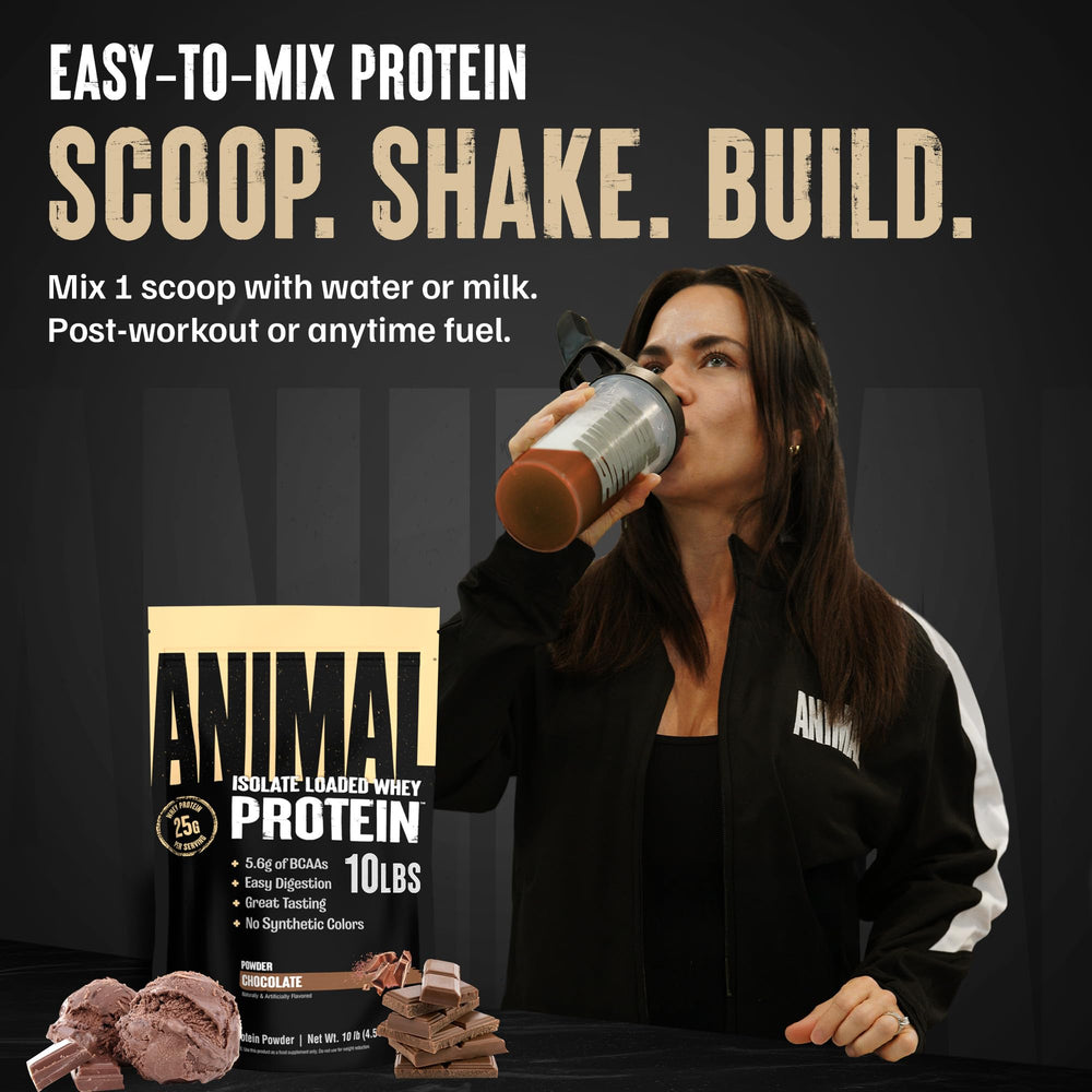 Animal Whey Isolate label closeup highlights enzyme blend and quality.