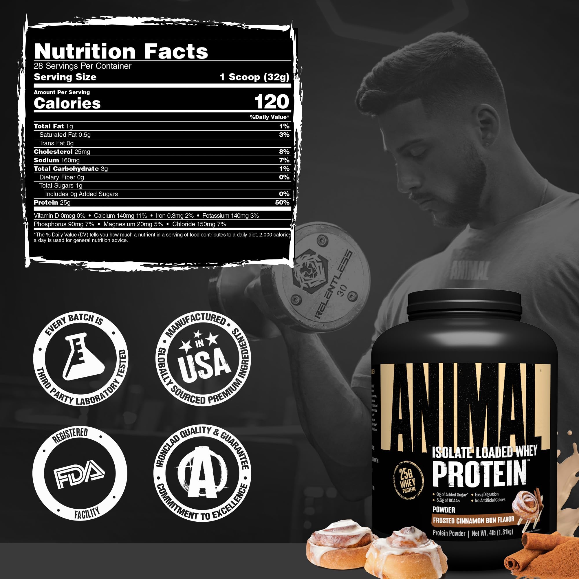 Animal Whey Isolate packaging highlights low sugar and great taste.