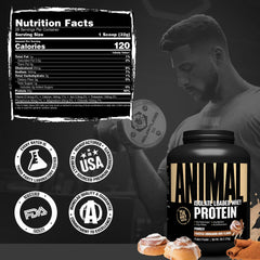 Animal Whey Isolate packaging highlights low sugar and great taste.