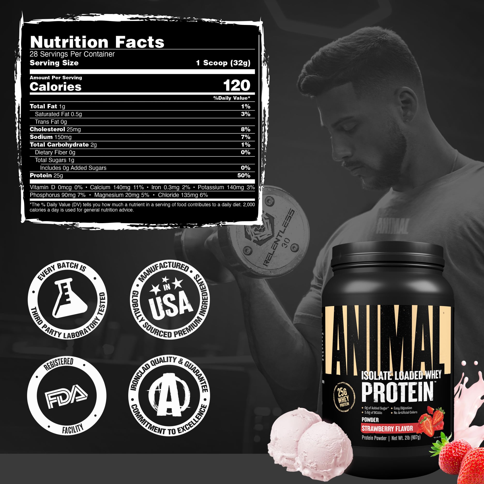 Animal Whey Isolate nutrition facts panel with 25g protein.