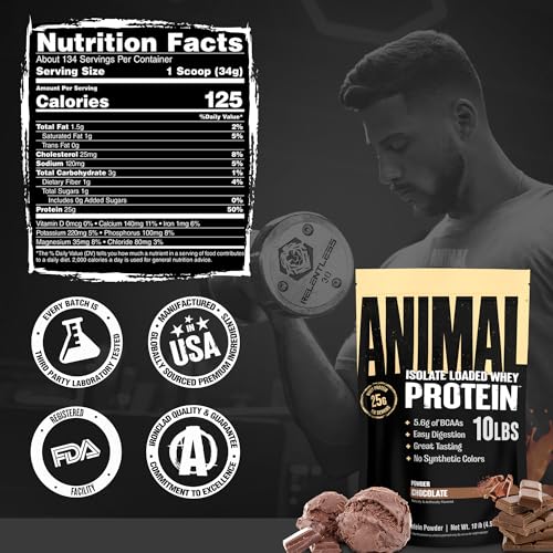 Animal Whey Isolate packaging emphasizes USA-made quality and trust.