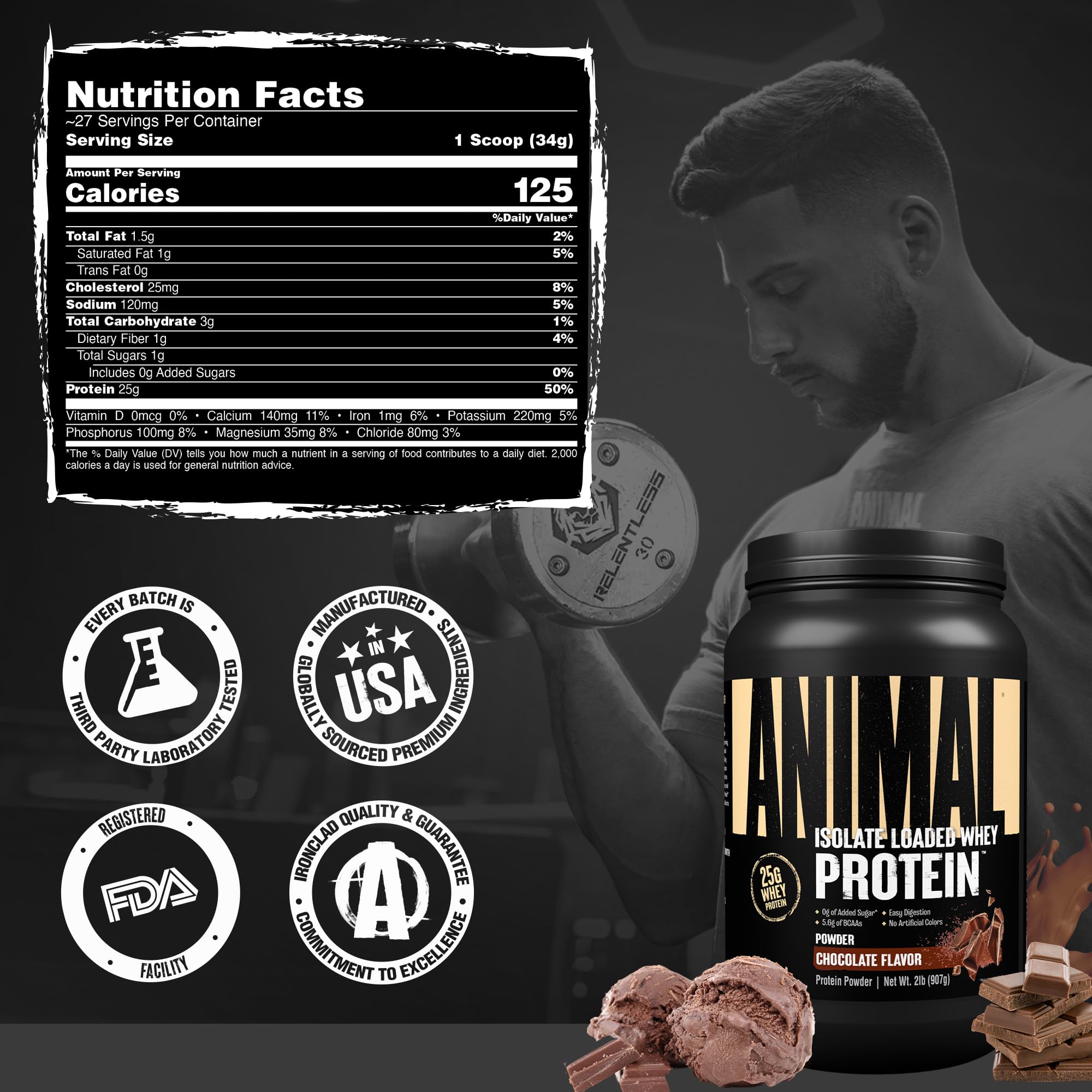 Animal Whey Isolate in-use cup reveals rich chocolate flavor and prep-ready convenience.