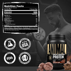 Animal Whey Isolate in-use cup reveals rich chocolate flavor and prep-ready convenience.