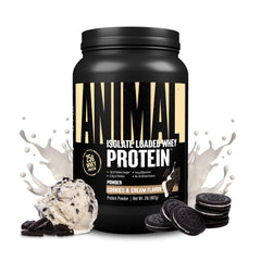 Animal Whey Isolate protein powder bottle in cookies and cream flavor with 25g protein per serving