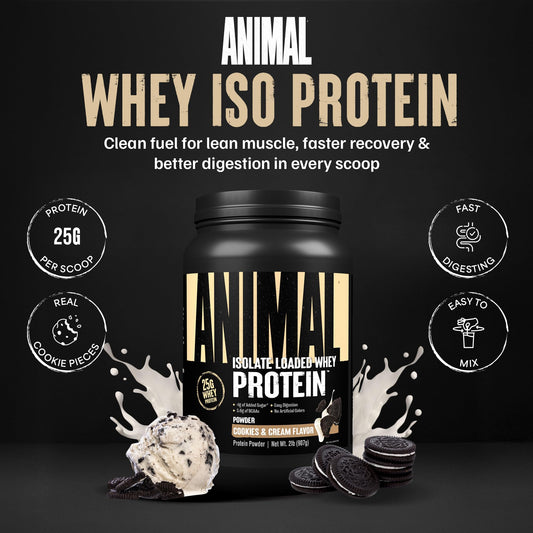 Animal Whey Isolate scoop beside powder ready for a quick post workout shake