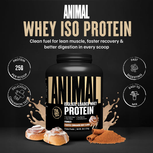 Animal Whey Isolate scoop highlights 25g of protein per serving for muscle support.