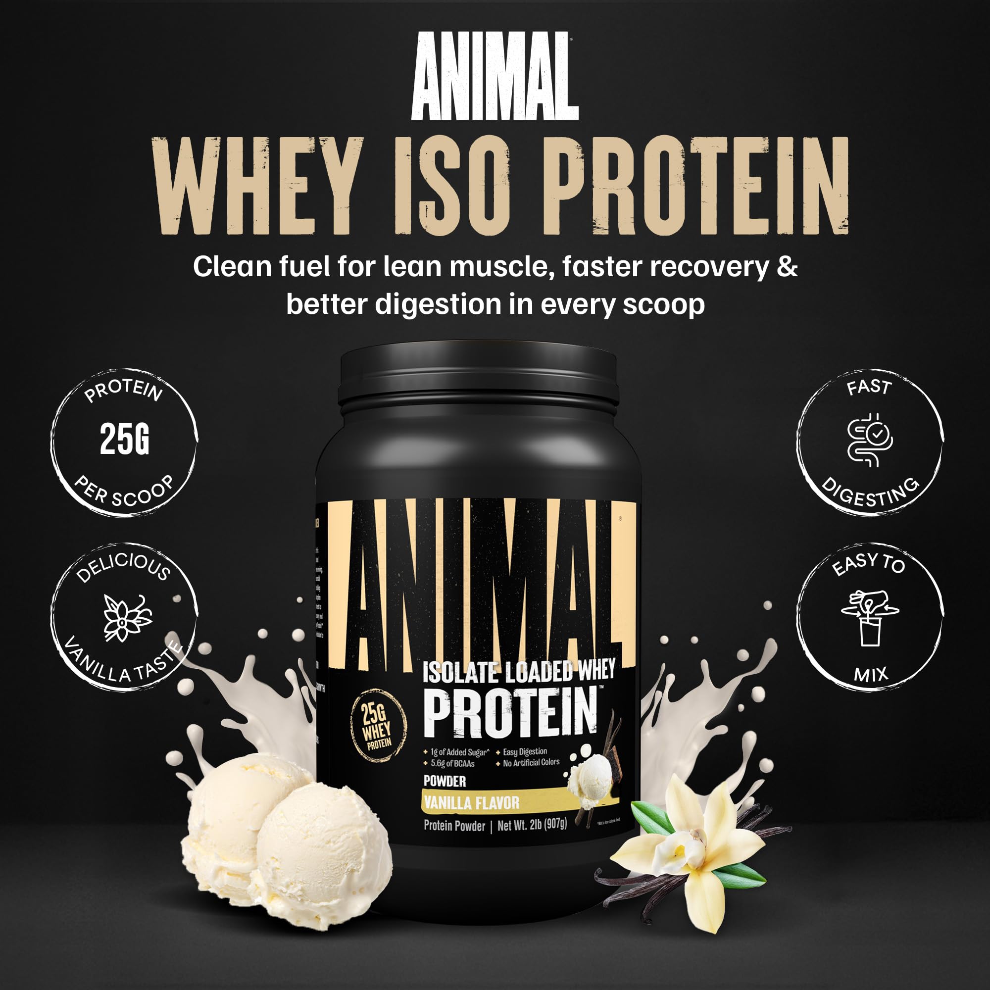 Animal Whey Isolate scoop ready to mix for quick post-workout protein.