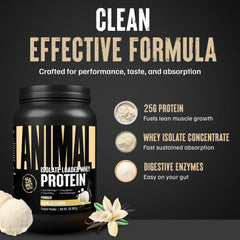 Animal Whey Isolate shake glass emphasizes smooth vanilla flavor and mixability.
